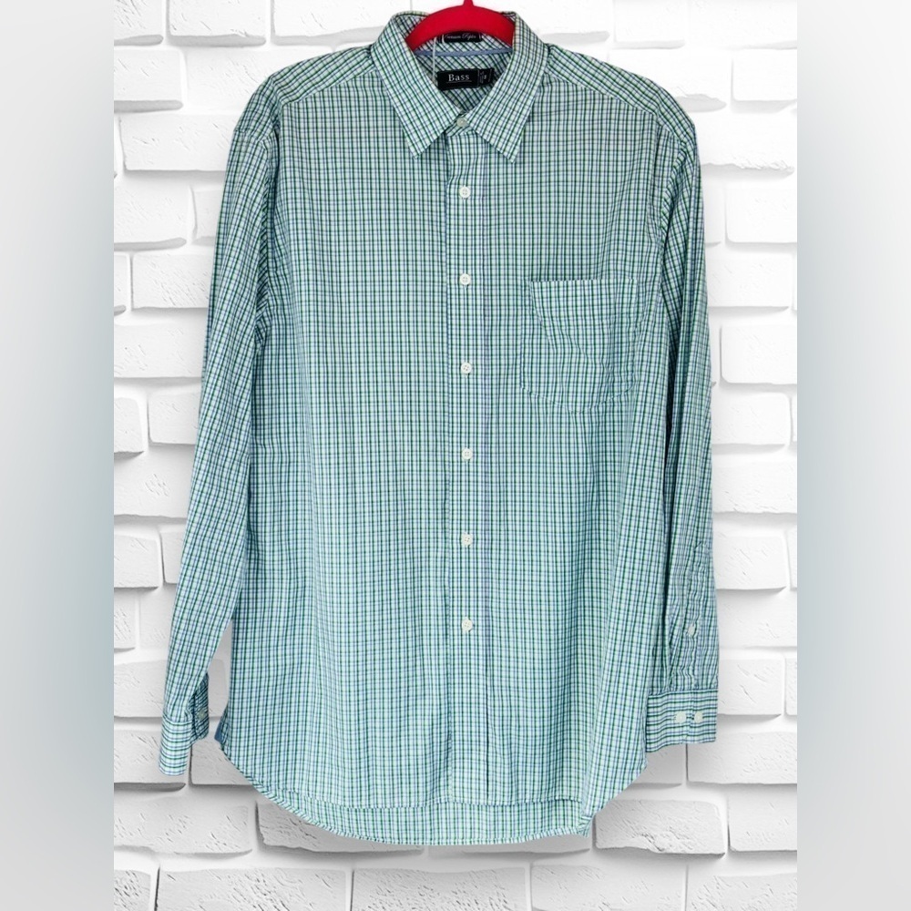 Bass Men’s Medium Blue & Green Checkered Plaid Long Sleeve Premium Poplin Shirt